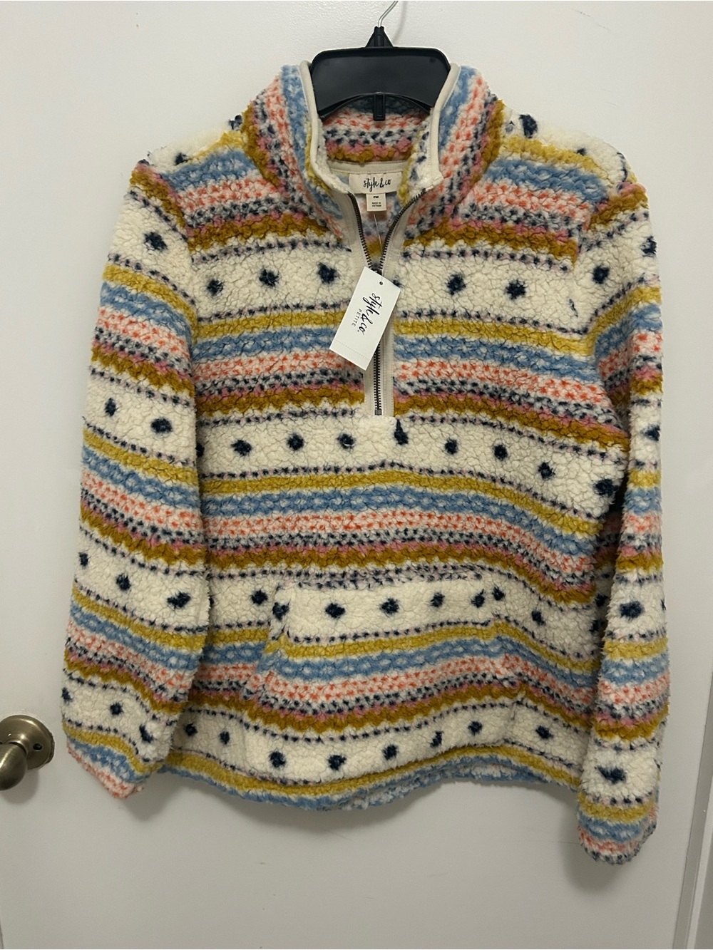Style & Co. Cream Multicolor Striped Sherpa Half-Zip Pullover